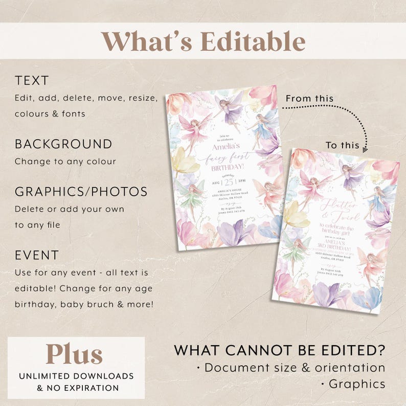 May include: Editable invitation template featuring a fairy theme with a watercolor background. The text reads "Amelia's Fairy First Birthday!" with a date and time. The template is customizable with text, colors, and graphics.