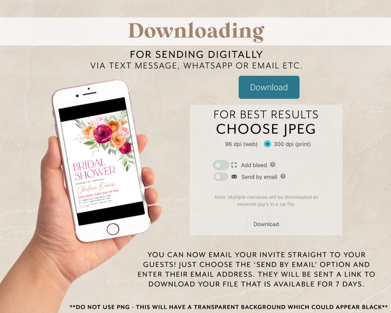 May include: A digital download for a bridal shower invitation. The invitation features a floral design with pink, orange, and yellow flowers. The text on the invitation reads "Bridal Shower" and "Chelsea Davis". The image also includes instructions for downloading the invitation in JPEG format.