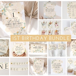 First Bee Day Invitation Bundle, 1st Birthday Invitation Template, 1st Birthday Girl, Bee First Birthday Decorations, Bee Theme 1st Birthday