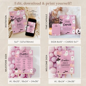 May include: Printable Halloween party decorations featuring a pink and white color scheme with ghost and pumpkin illustrations. The set includes a 5x7 inch invitation, an 8x10 inch sign, 5x7 inch cards, and a milestone sign available in 16x20, 18x24, and 24x36 inch sizes. The text on the invitation reads "Spooky One" and the text on the sign reads "Charlotte's First Boo-Day!"