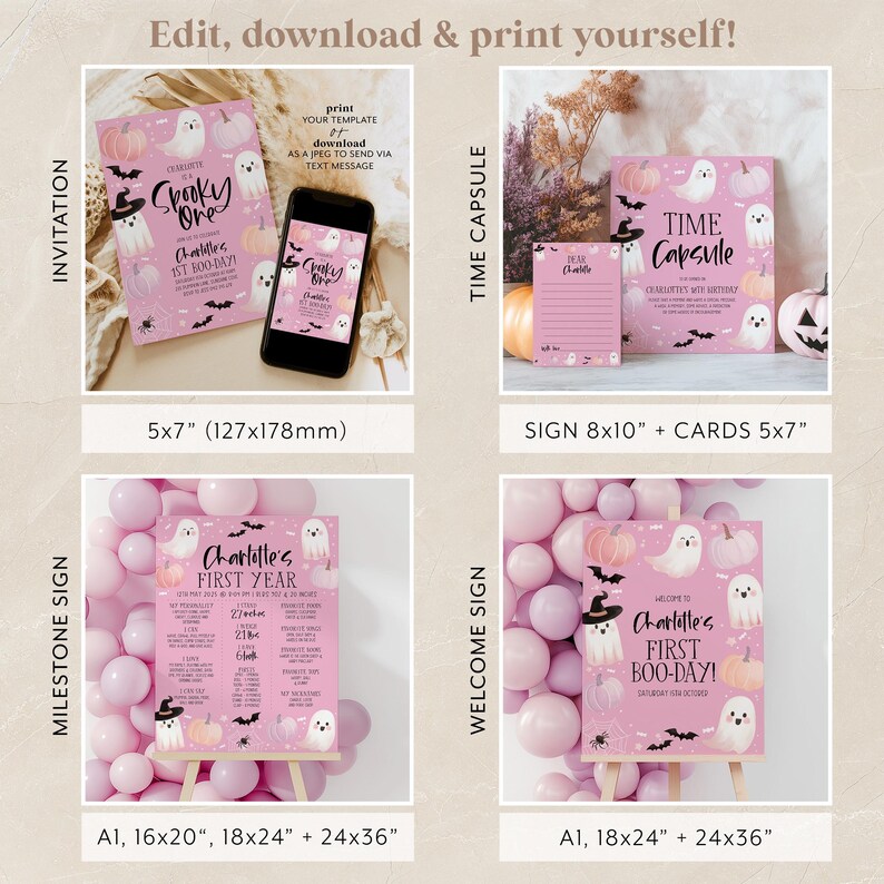 May include: Printable Halloween party decorations featuring a pink and white color scheme with ghost and pumpkin illustrations. The set includes a 5x7 inch invitation, an 8x10 inch sign, 5x7 inch cards, and a milestone sign available in 16x20, 18x24, and 24x36 inch sizes. The text on the invitation reads "Spooky One" and the text on the sign reads "Charlotte's First Boo-Day!"