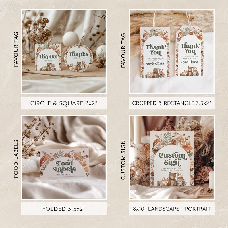 May include: Printable woodland themed party favour tags, food labels, and a custom sign. The tags are in a circle, square, and rectangle shape. The food labels are folded and the sign is 8x10 inches. The designs feature woodland animals, leaves, and mushrooms in shades of brown, green, and orange.