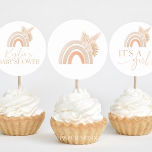 Boho Cupcake Toppers, Rainbow Baby Shower Cupcake Toppers, Printable Boho Baby Shower Cupcake Topper, Editable Cupcake Toppers Boho Rainbow