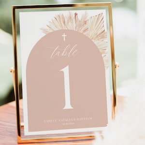 Numeri da tavolo per ragazze rosa, numeri da tavolo per battesimo, modello numeri da tavolo per battesimo Boho, numeri da tavolo stampabili, tavoli da battesimo modificabili
