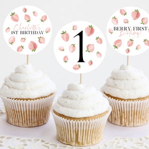 Berry Cupcake Toppers, Printable Cupcake Topper, Strawberry Cupcake Topper, 1st Birthday Editable Cupcake Toppers, Berry First Birthday Girl image 1