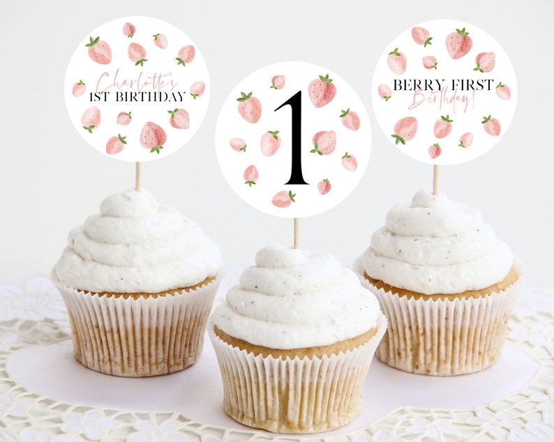 Berry Cupcake Toppers, Printable Cupcake Topper, Strawberry Cupcake Topper, 1st Birthday Editable Cupcake Toppers, Berry First Birthday Girl image 1