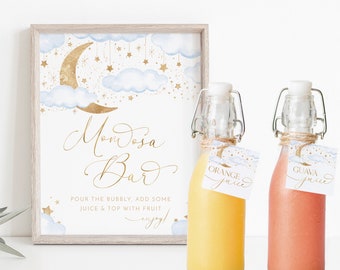 Moon Stars Mimosa Bar Sign, Momosa Bar Sign, Mumosa Bar Sign, Juice Labels, Mimosa Juice Tags, Twinkle Mimosa Sign, Over the Moon Blue Boy