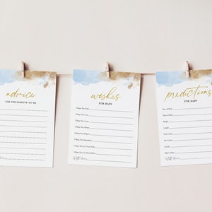 Jeux pour baby shower, Baby shower bleu, Garçon, Cartes-conseils modifiables, Souhaits, Prédictions, Bleu et or, Jeux modifiables, Jeux de douche à imprimer