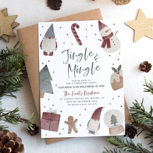 Cute Christmas Party Invitation, Jingle And Mingle, Holiday Party Invitation Template, Editable Christmas Invitation, Gnome, Snowman, Tree,