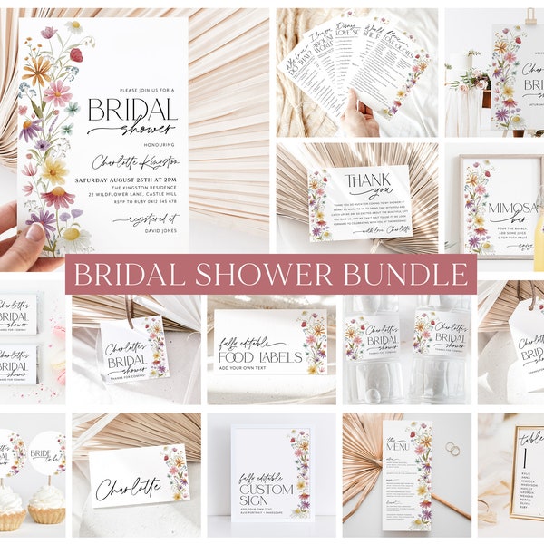 Wildflower Bridal Shower Invitation Bundle, Floral Bridal Shower Games, Editable Games, Printable Wildflower Bridal Shower Bundle Floral