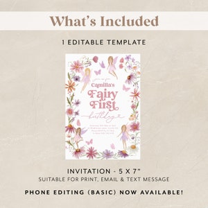 May include: A printable invitation for a first birthday party with a fairy theme. The invitation features a watercolor illustration of fairies, flowers, and butterflies. The text on the invitation reads "Join us for Camilla's Fairy First Birthday".