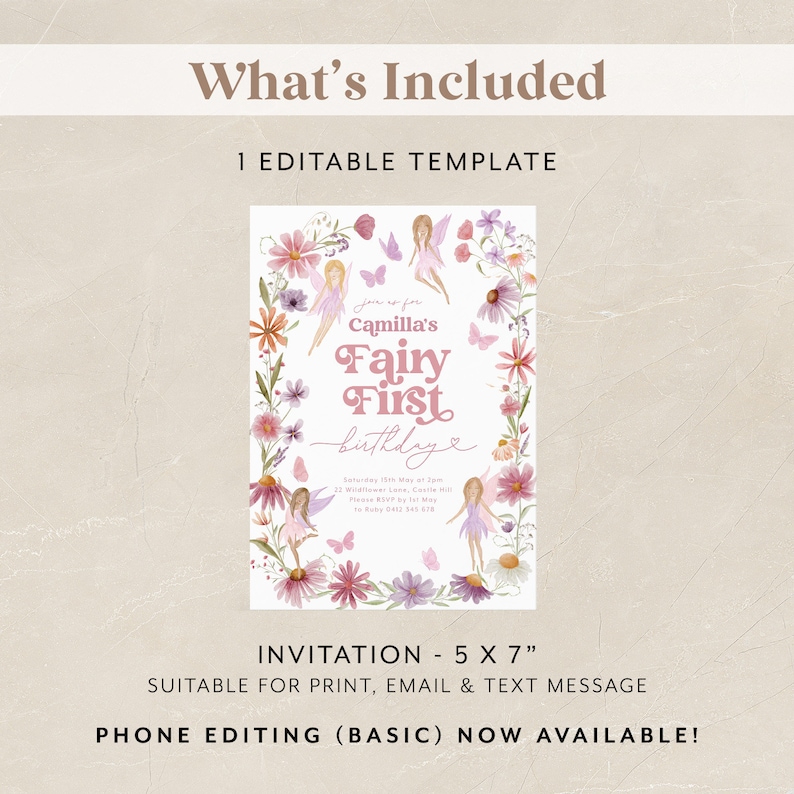 May include: A printable invitation for a first birthday party with a fairy theme. The invitation features a watercolor illustration of fairies, flowers, and butterflies. The text on the invitation reads "Join us for Camilla's Fairy First Birthday".