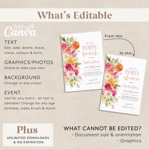 May include: Two baby shower invitation templates with floral and citrus watercolor designs. The text reads "Baby Brunch" and "Baby Shower" with event details. The image also includes text about editing options with Canva.