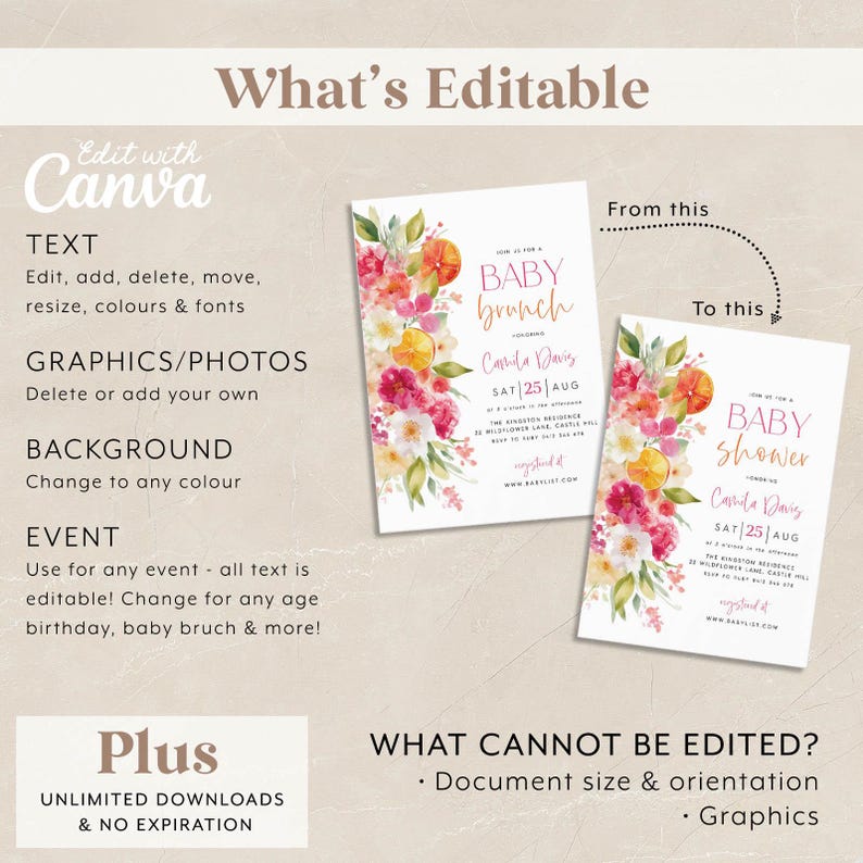 May include: Two baby shower invitation templates with floral and citrus watercolor designs. The text reads "Baby Brunch" and "Baby Shower" with event details. The image also includes text about editing options with Canva.