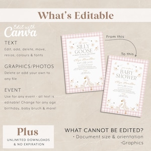 May include: An editable template for a baby shower invitation with a pink and white gingham background. The invitation features a cartoon illustration of two geese and the text "Silly Goose is about to be on the loose!" and "Baby Shower".