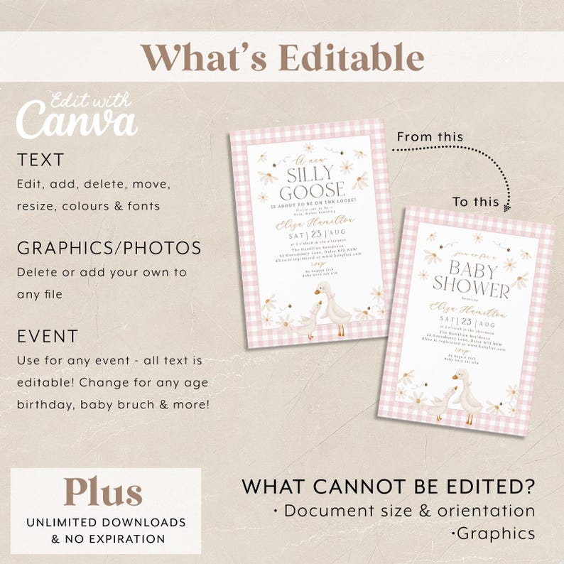 May include: An editable template for a baby shower invitation with a pink and white gingham background. The invitation features a cartoon illustration of two geese and the text "Silly Goose is about to be on the loose!" and "Baby Shower".