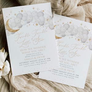 Twinkle Twinkle Little Star Gender Reveal Invitation Template, Grey Clouds, Moon and Stars, Balloon Arch Invitation, He Or She, Boy Or Girl