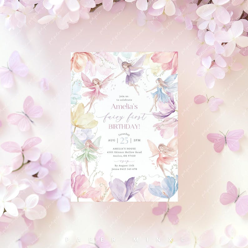 May include: A watercolor invitation with a fairy theme. The invitation features a whimsical design with fairies flying among colorful flowers. The text reads "Join us to celebrate Amelia's fairy first birthday! Saturday, Aug 25 | 2PM, Amelia's House, 4101 Skinner Hollow Road, Azalea, OR 97410, By August 15th, Jenna 0412 343 478".