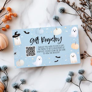 Halloween Baby Shower Gift Registry Card Printable, QR Code Gift Registry Card, Blue Halloween Baby Shower Decor Baby Boy, Ghosts Pumpkins