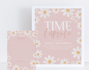 May include: A pink and white time capsule sign with a daisy pattern. The sign says "Time Capsule" and "To be opened on Charlie's 18th Birthday". There is a separate card with the same daisy pattern that says "Dear Charlie" and has lines for writing.