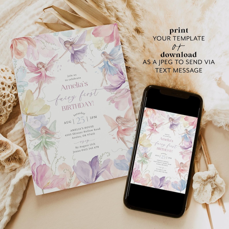 May include: A printable invitation for a first birthday party with a fairy theme. The invitation features a watercolor background with fairies and flowers in shades of pink, purple, and blue. The text on the invitation reads "Join us to celebrate Amelia's fairy first birthday!" and includes the date, time, and location of the party.