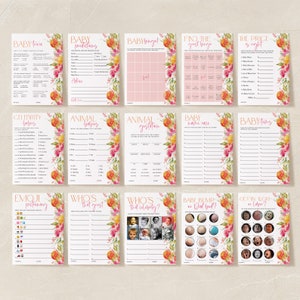 May include: A collection of printable baby shower games. Each game card features a floral design with orange and pink flowers. Games include "Baby Trivia", "Baby Predictions", "Baby Bingo", and "Emoji Pictionary".