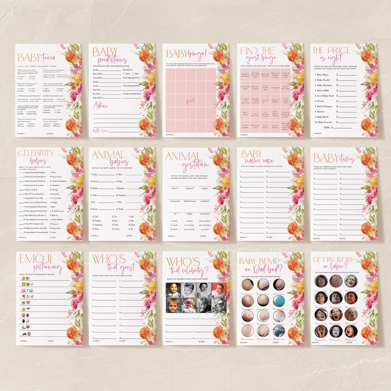 May include: A collection of printable baby shower games. Each game card features a floral design with orange and pink flowers. Games include "Baby Trivia", "Baby Predictions", "Baby Bingo", and "Emoji Pictionary".