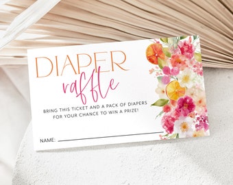 Citrus Baby Shower Diaper Raffle Card, Orange Floral Diaper Raffle Card, Editable Diaper Raffle Template, Printable Diaper Raffle Pink Girl