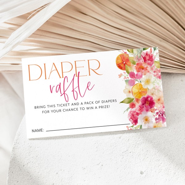 Citrus Baby Shower Diaper Raffle Card, Orange Floral Diaper Raffle Card, Editable Diaper Raffle Template, Printable Diaper Raffle Pink Girl