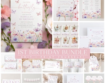 Butterfly 1st Birthday Invitation Bundle, Pink Purple Butterflies Wildflowers Invite 1st Birthday Girl Butterfly Party Decorations Printable