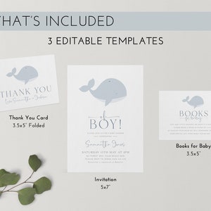 Op de afbeelding: Babydouche-uitnodigingsset met walvissen thema. Inclusief een bedankkaart, uitnodiging en een boeken voor baby kaart. De uitnodiging is 12,7 x 17,8 cm, de bedankkaart en boeken voor baby kaart zijn 8,9 x 12,7 cm. De tekst bevat "Oh Boy!" en "Books for Baby".