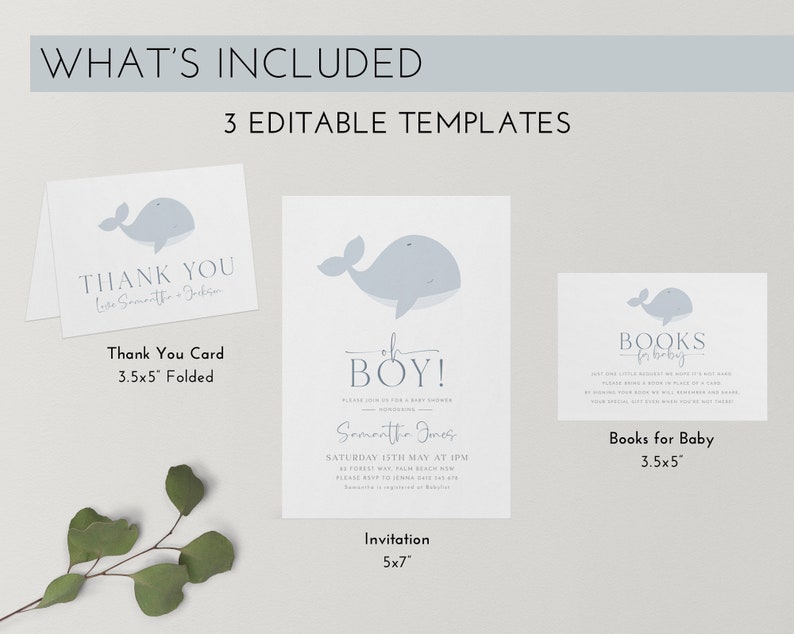 Op de afbeelding: Babydouche-uitnodigingsset met walvissen thema. Inclusief een bedankkaart, uitnodiging en een boeken voor baby kaart. De uitnodiging is 12,7 x 17,8 cm, de bedankkaart en boeken voor baby kaart zijn 8,9 x 12,7 cm. De tekst bevat "Oh Boy!" en "Books for Baby".