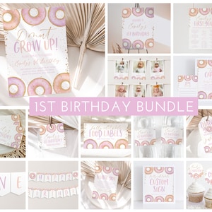 Donut Party Invitation Bundle, Donut 1st Birthday Invitation, Donut Grow Up Birthday Decorations, Sweet One Donut Theme Birthday Decorations