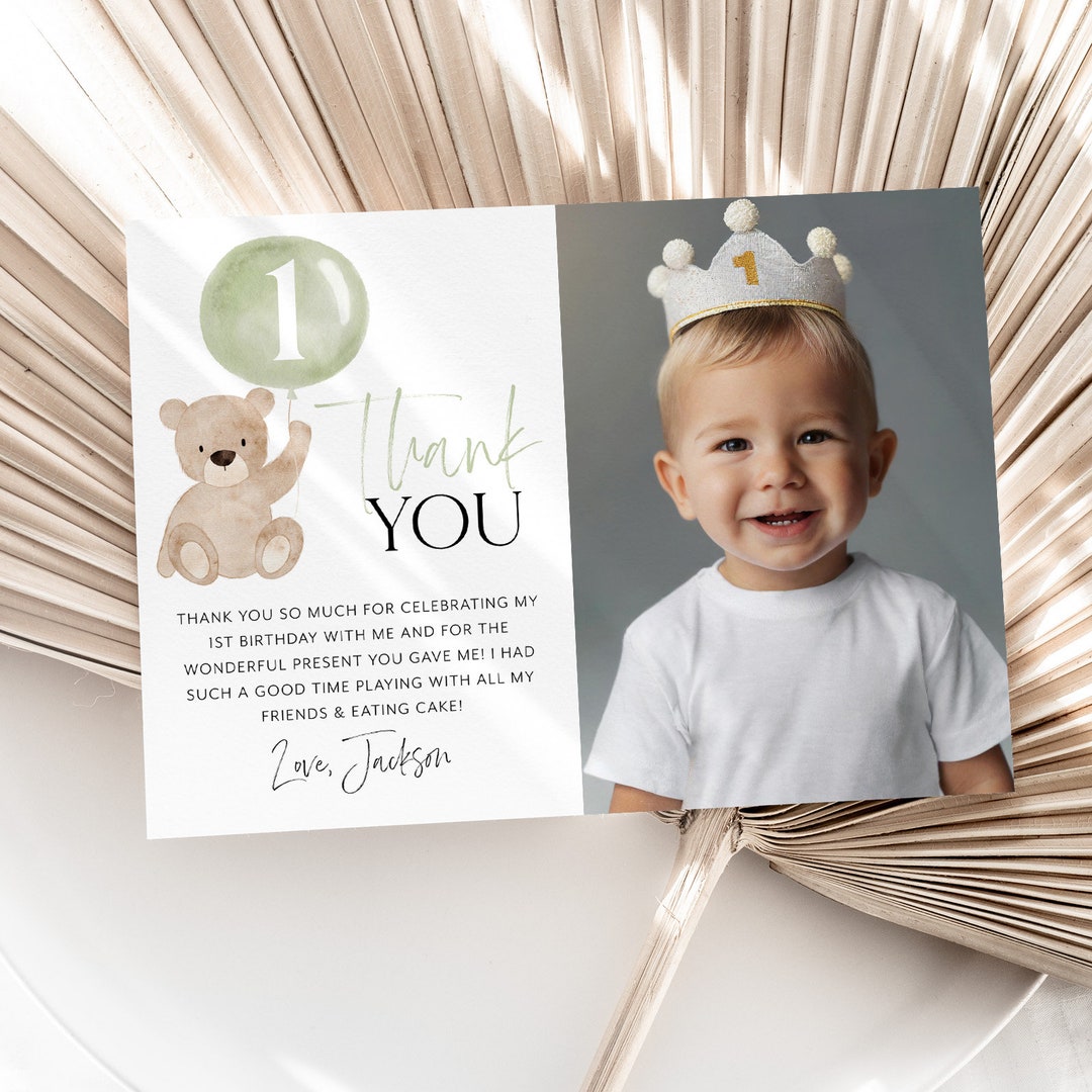 Bear Thank You Card Template, Printable Thank You Card Editable, Green Bear Thank You Card ...