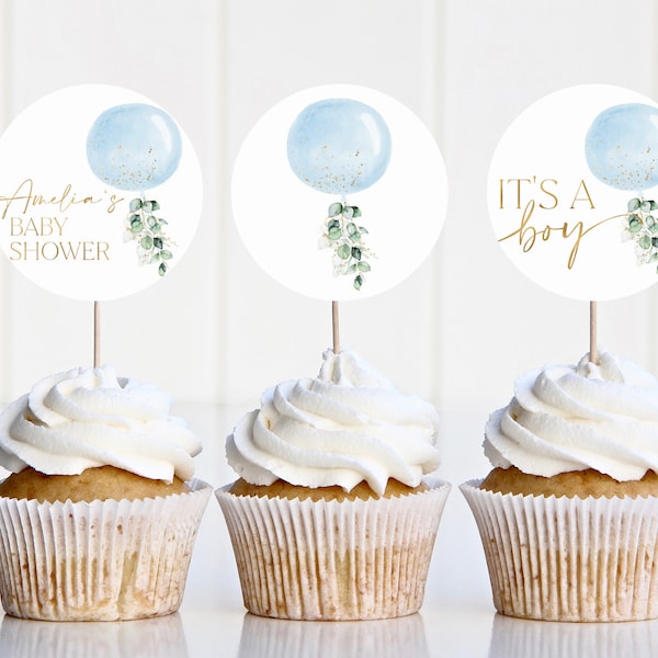 Cupcake Toppers Boy, Blue Baby Shower Cupcake Toppers, Printable Blue Balloon Baby Shower Cupcake Topper, Editable Cupcake Toppers Baby Blue