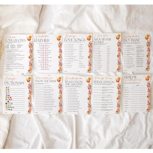 Puede incluir: Un conjunto de tarjetas de juegos para despedida de soltera con bordes florales. Los juegos incluyen "Movie Love Quotes", "Would She Rather", "Disney Love Songs", "I Love You Around the World", "Why Do We Do That", "Emoji Pictionary", y m&aacute;s.
