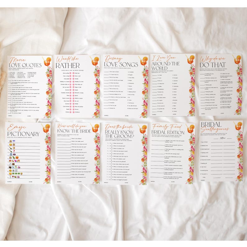 Puede incluir: Un conjunto de tarjetas de juegos para despedida de soltera con bordes florales. Los juegos incluyen "Movie Love Quotes", "Would She Rather", "Disney Love Songs", "I Love You Around the World", "Why Do We Do That", "Emoji Pictionary", y m&aacute;s.