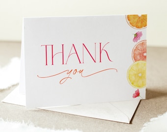 Citrus Thank You Card Template, Printable Thank You Card, Bright Floral Citrus Baby Shower Thank You Card, Oranges Lemons Citrus Flowers