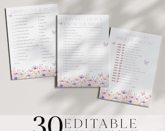 Butterfly Bridal Shower Games, Lifetime of Butterflies Bridal Shower Editable Games, He Gives Me Butterflies Games Pack Printable Purple