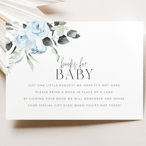 Carte de vœux à imprimer, Carton de demande de livre, Livre pour baby shower floral bleu, Faire-part de fleurs bleu, Livres à imprimer pour baby shower bleus