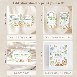 May include: Printable dinosaur party decorations in various sizes and styles. Includes editable food labels, favor tags, and a custom sign. The designs feature a green, brown, and blue color scheme with dinosaurs, balloons, and a volcano.
