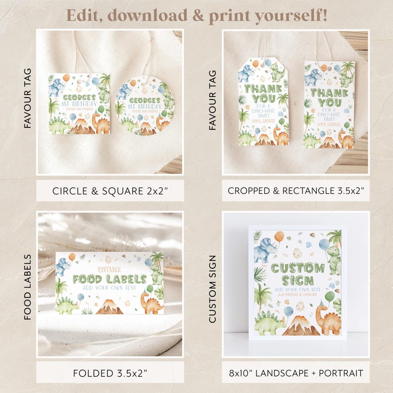 May include: Printable dinosaur party decorations in various sizes and styles. Includes editable food labels, favor tags, and a custom sign. The designs feature a green, brown, and blue color scheme with dinosaurs, balloons, and a volcano.