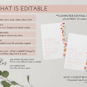 Pu&ograve; includere: Modello di invito modificabile per un addio al nubilato o un brunch per bambini. Il design presenta un bordo floreale rosa e bianco con il testo "Bridal Shower" e "Baby Brunch". &Egrave; incluso anche il testo "Computer Editing Only", che indica che il modello non &egrave; compatibile con telefoni o tablet.