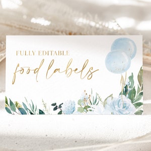 Etichette alimentari per baby shower, carta per etichette alimentari per ragazzi, carta per tende alimentari, etichette per alimenti per baby shower per ragazzi, carte alimentari piegate, etichette per tende, ragazzo con palloncini blu
