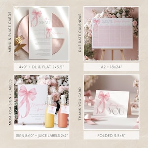 May include: Pink and white baby shower printable set with a watercolor bow design. Includes a menu, place cards, a due date calendar, a sign, juice labels, and thank you cards.