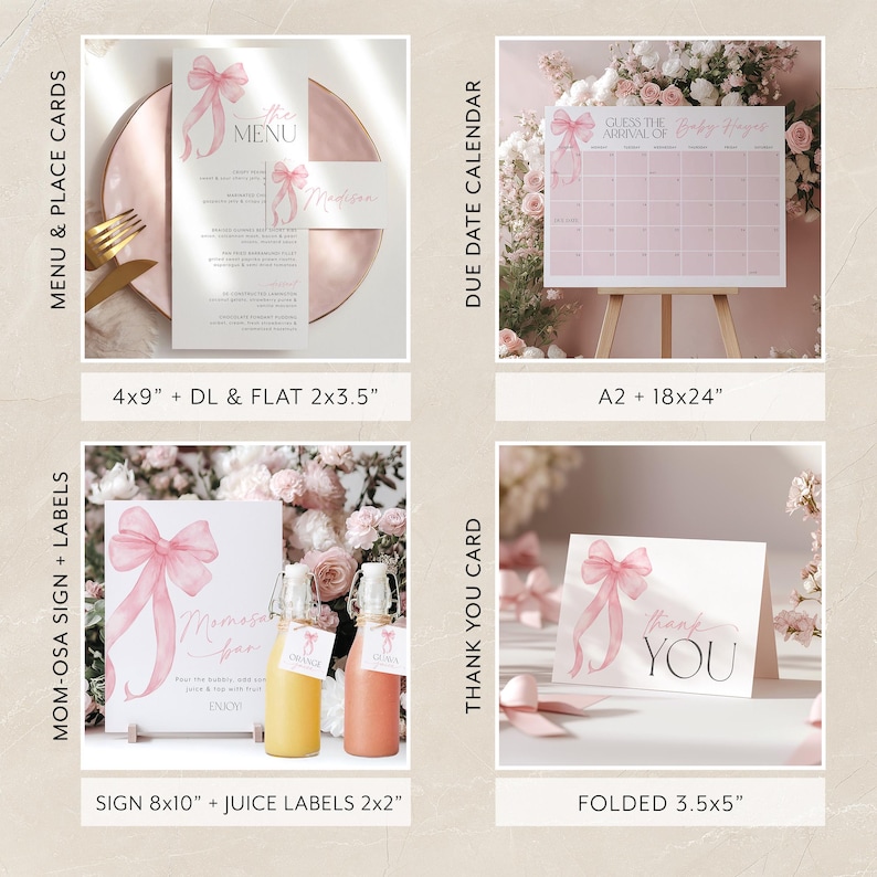 May include: Pink and white baby shower printable set with a watercolor bow design. Includes a menu, place cards, a due date calendar, a sign, juice labels, and thank you cards.