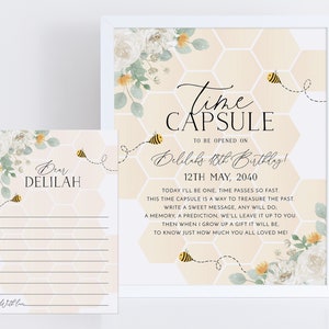Bee Time Capsule, 1st Birthday Time Capsule Sign, Time Capsule Template, Honey Bee Birthday, Bee 1st Birthday, Editable Template 1st Bee Day