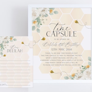 Bee Time Capsule, 1st Birthday Time Capsule Sign, Time Capsule Template, Honey Bee Birthday, Bee 1st Birthday, Editable Template 1st Bee Day