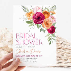 May include: A bridal shower invitation with a watercolor floral design in shades of pink, orange, and red. The text reads "BRIDAL SHOWER" in a bold, red font. The invitation is for Chelsea Davis and includes the date, time, and location of the event.