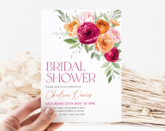 Bright Bridal Shower Invitation, Bright Pink Orange Floral Bridal Shower, Hot Pink and Orange Floral Bridal Invite Template, Modern Bridal